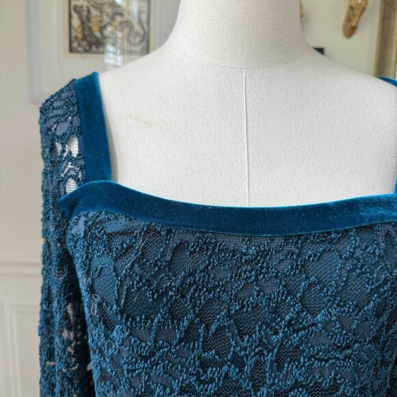 Free People Teal Lace Velvet Trim Long Sleeve Mini Dress M - Picture 3 of 11